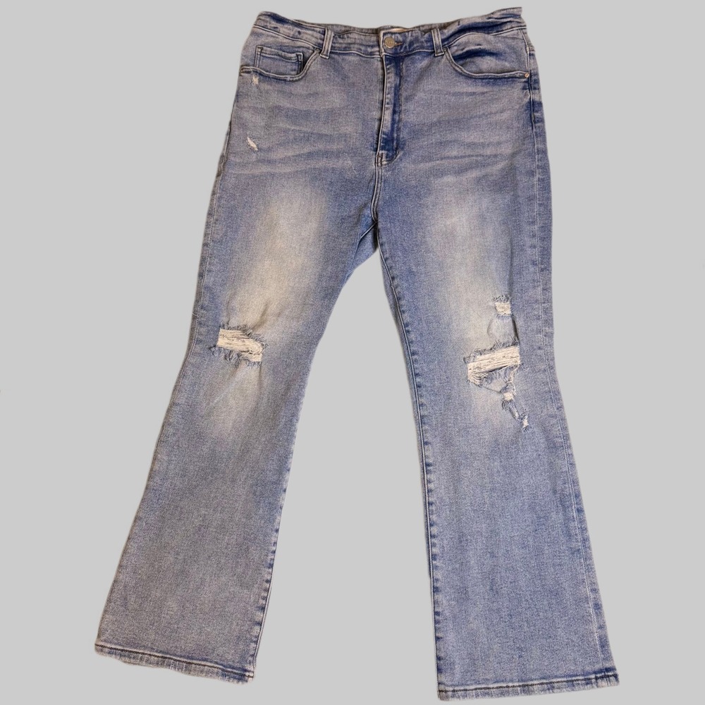 Risen Jeans Distressed Knee Flare Leg Denim Jeans Light Wash 2XL